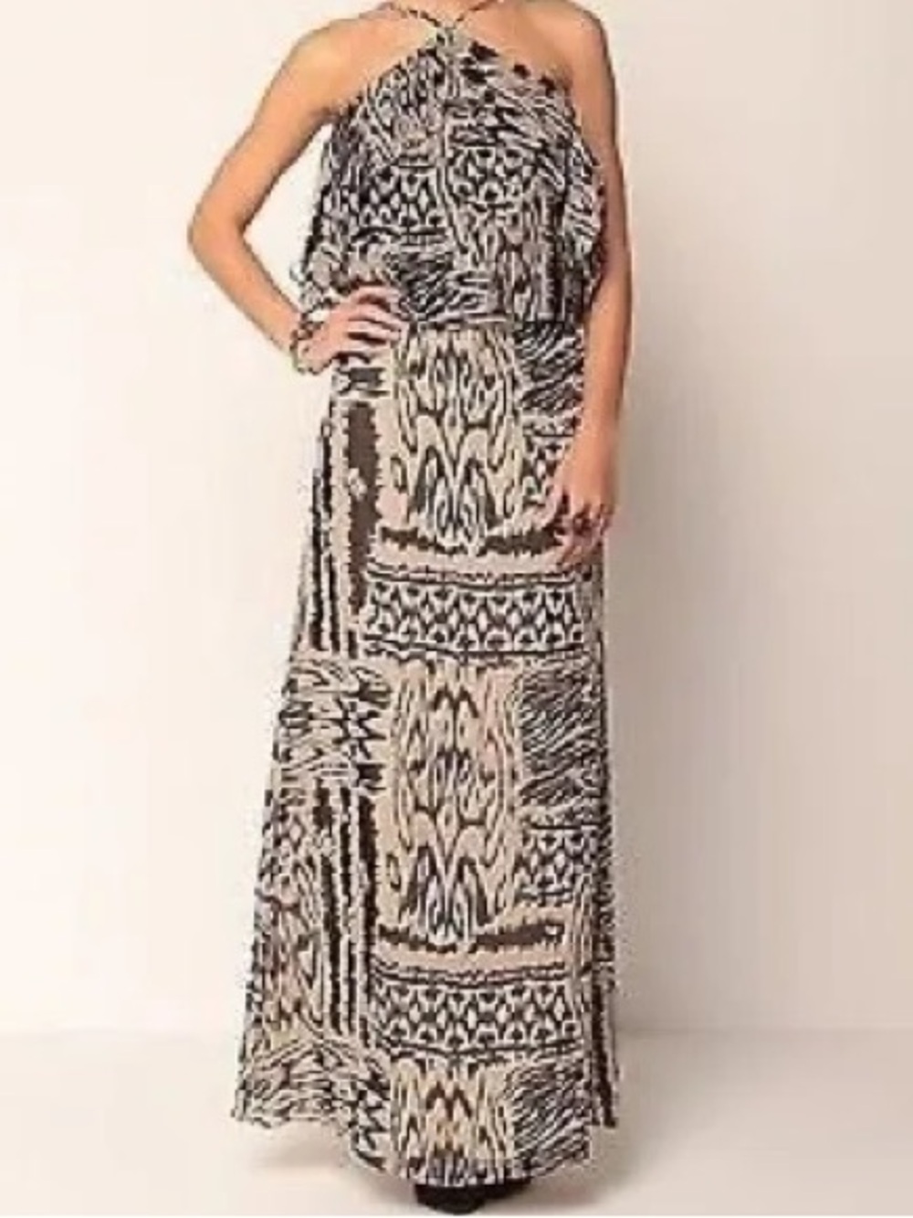 BCBGMaxAzria Black and Cream Printed Halter Maxi Dress